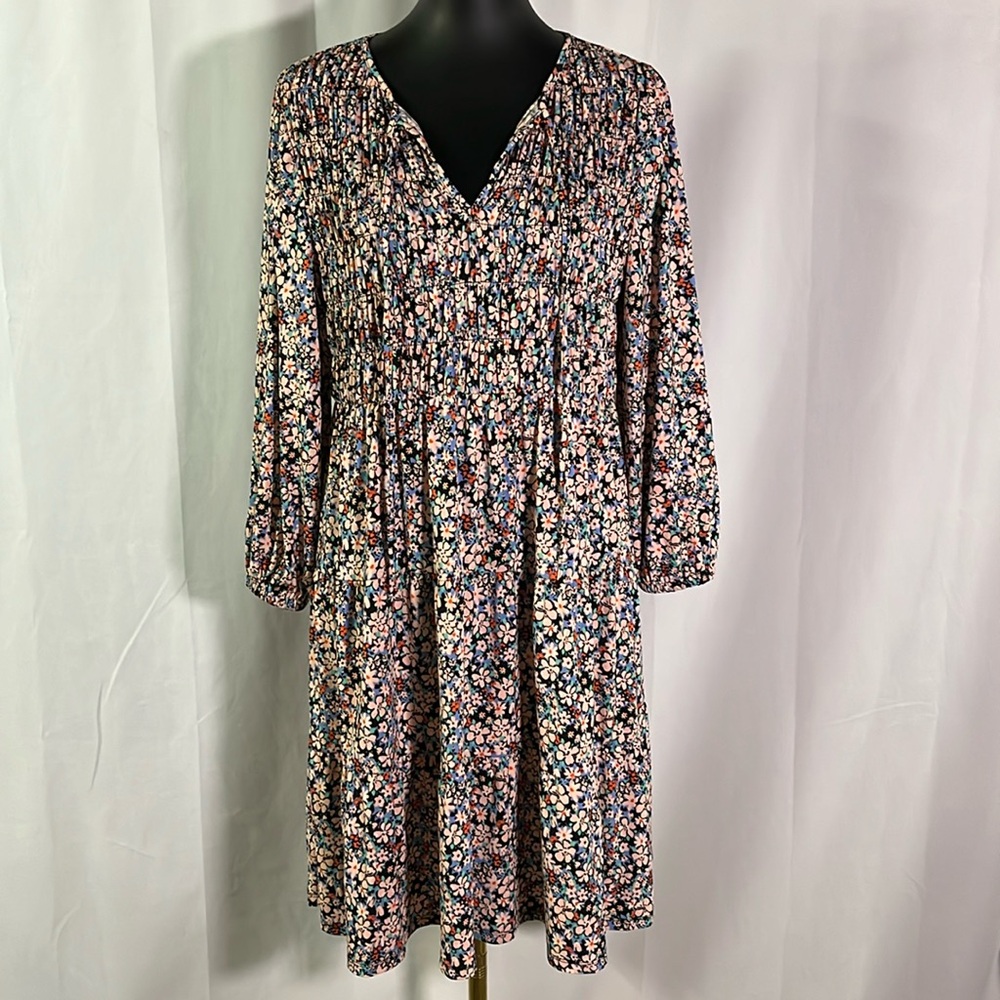 Donna Morgan Pink & Periwinkle Floral Print Smocked Bust Tiered Ruffle Hem Dress